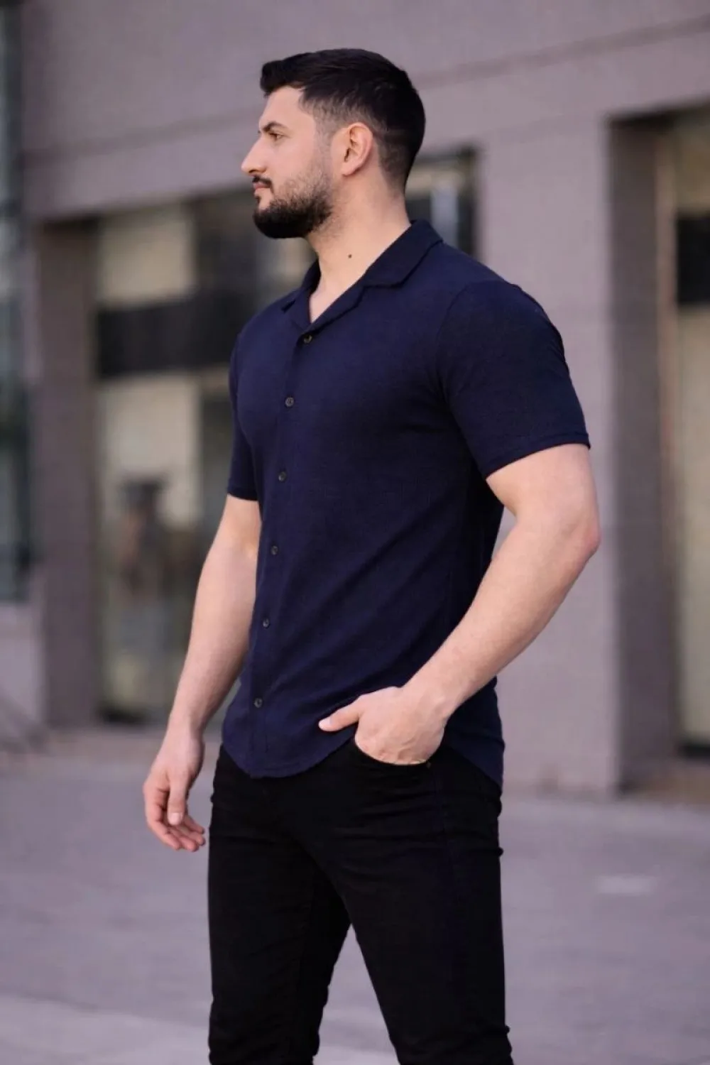 Erkek Waffle Kumaş Kısa Kollu Düğmeli Açık Yaka Regular Fit Gömlek - Lacivert