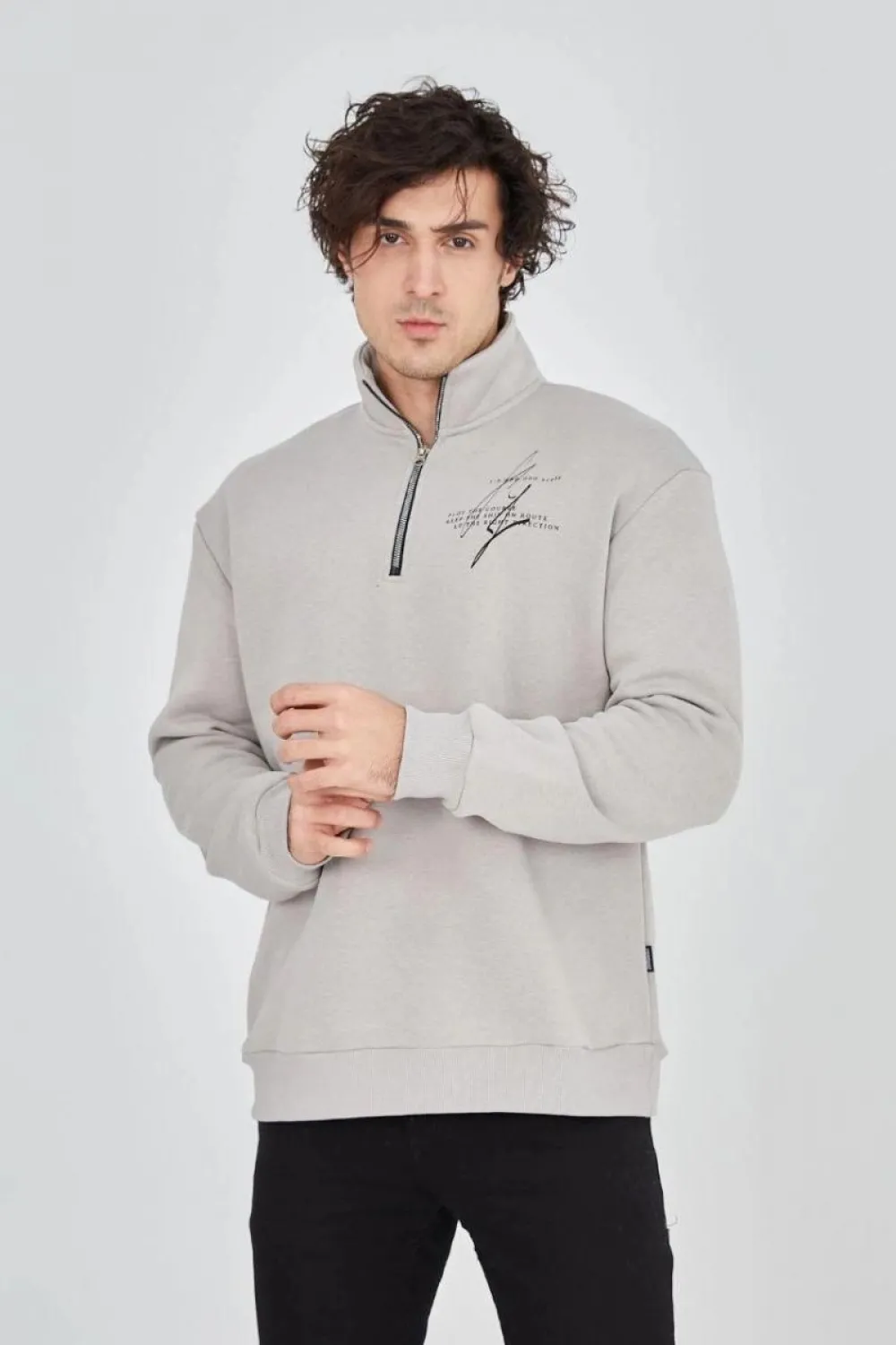 Erkek Yarım Fermuarlı Baskılı 3 iplik pamuklu sweatshirt - Boyalı Gri
