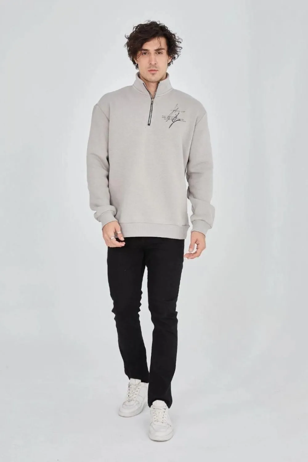 Erkek Yarım Fermuarlı Baskılı 3 iplik pamuklu sweatshirt - Boyalı Gri