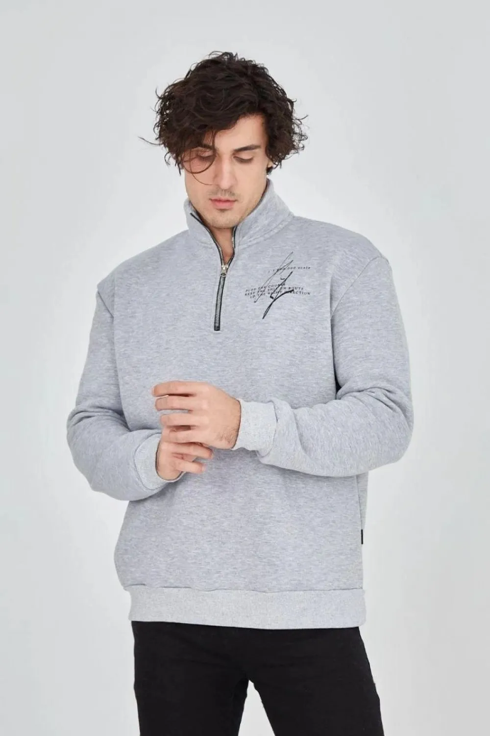 Erkek Yarım Fermuarlı Baskılı 3 iplik pamuklu sweatshirt - Gri