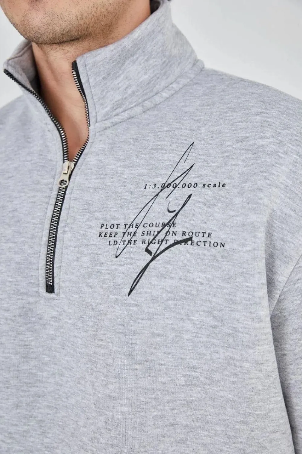 Erkek Yarım Fermuarlı Baskılı 3 iplik pamuklu sweatshirt - Gri