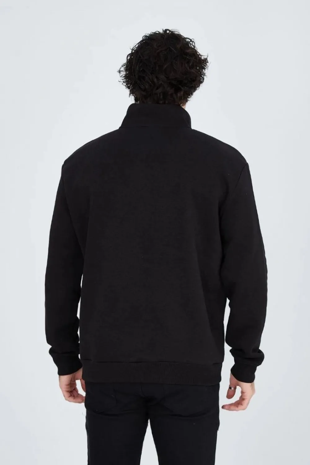 Erkek Yarım Fermuarlı Baskılı 3  iplik pamuklu sweatshirt - Siyah