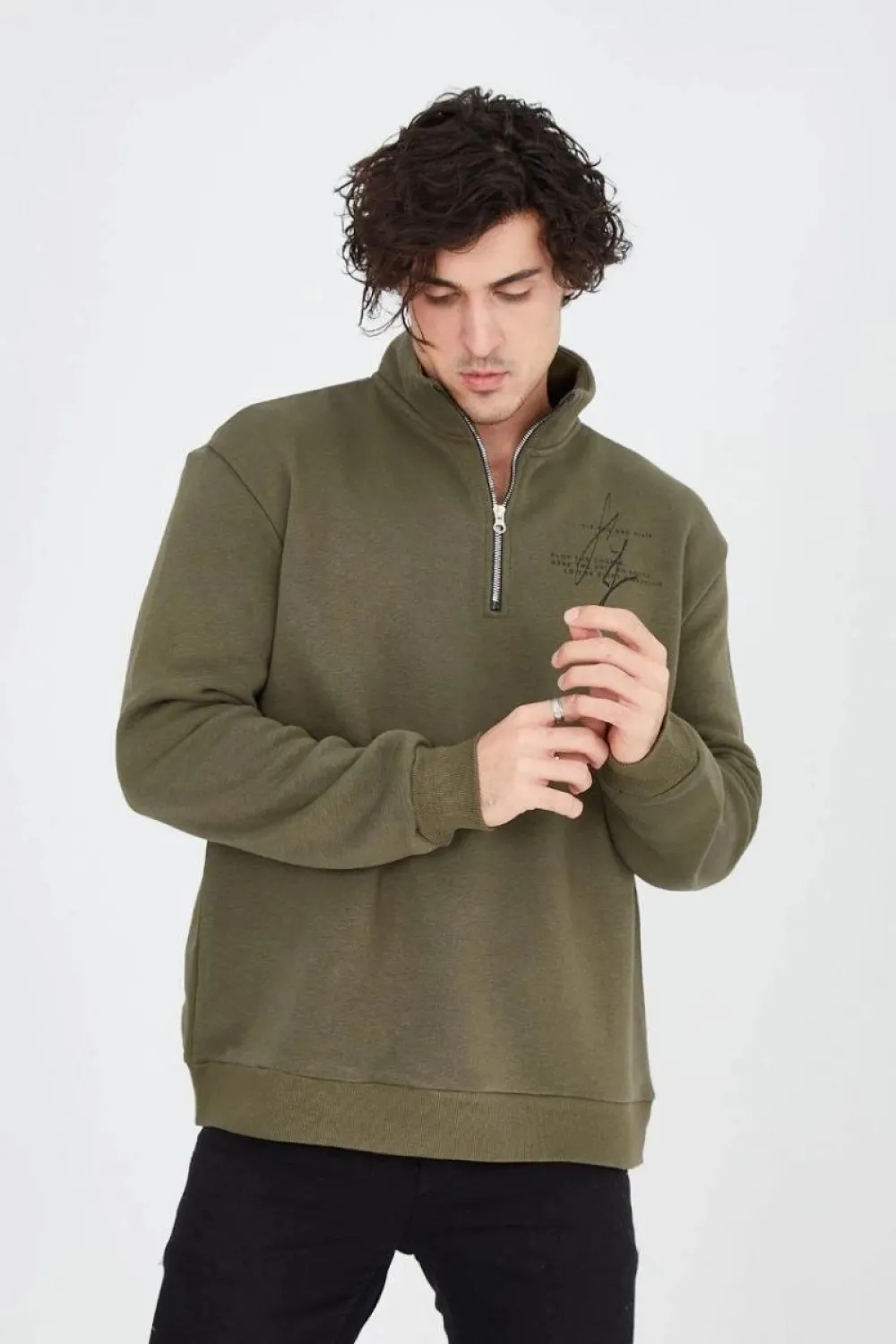 Erkek Yarım Fermuarlı Baskılı 3 iplik pamuklu sweatshirt - Yeşil