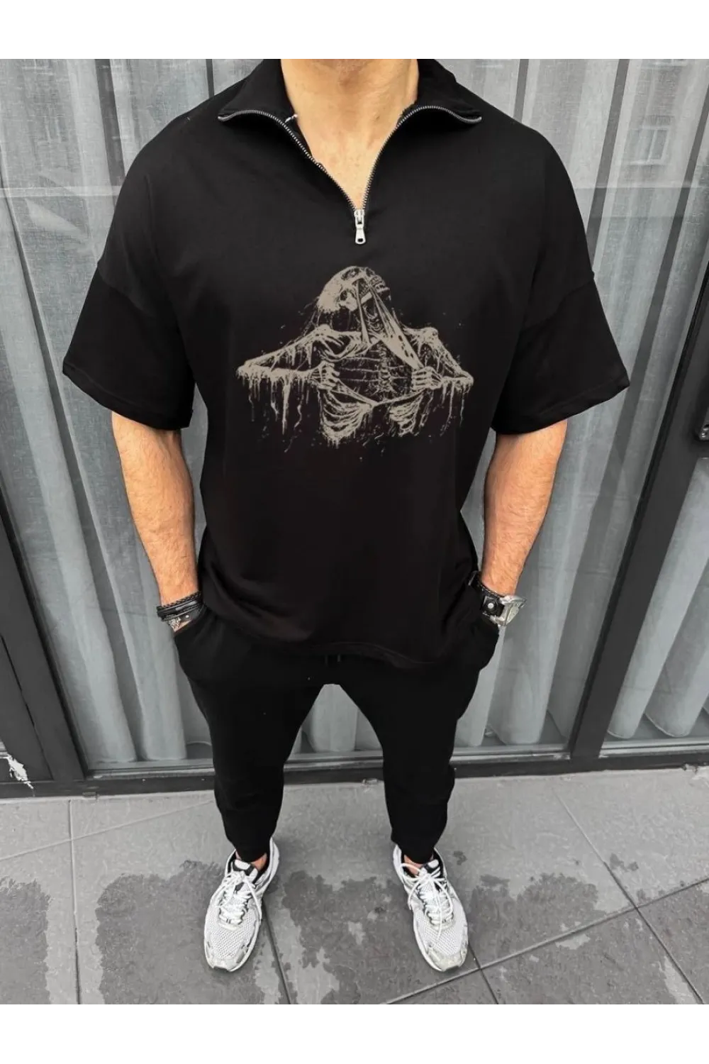 Erkek Yarım Fermuarlı Baskılı Oversize T-Shirt - Siyah