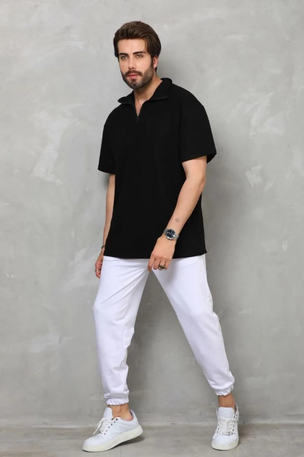 Erkek Yarım Fermuarlı Düz Oversize T-shirt - Siyah
