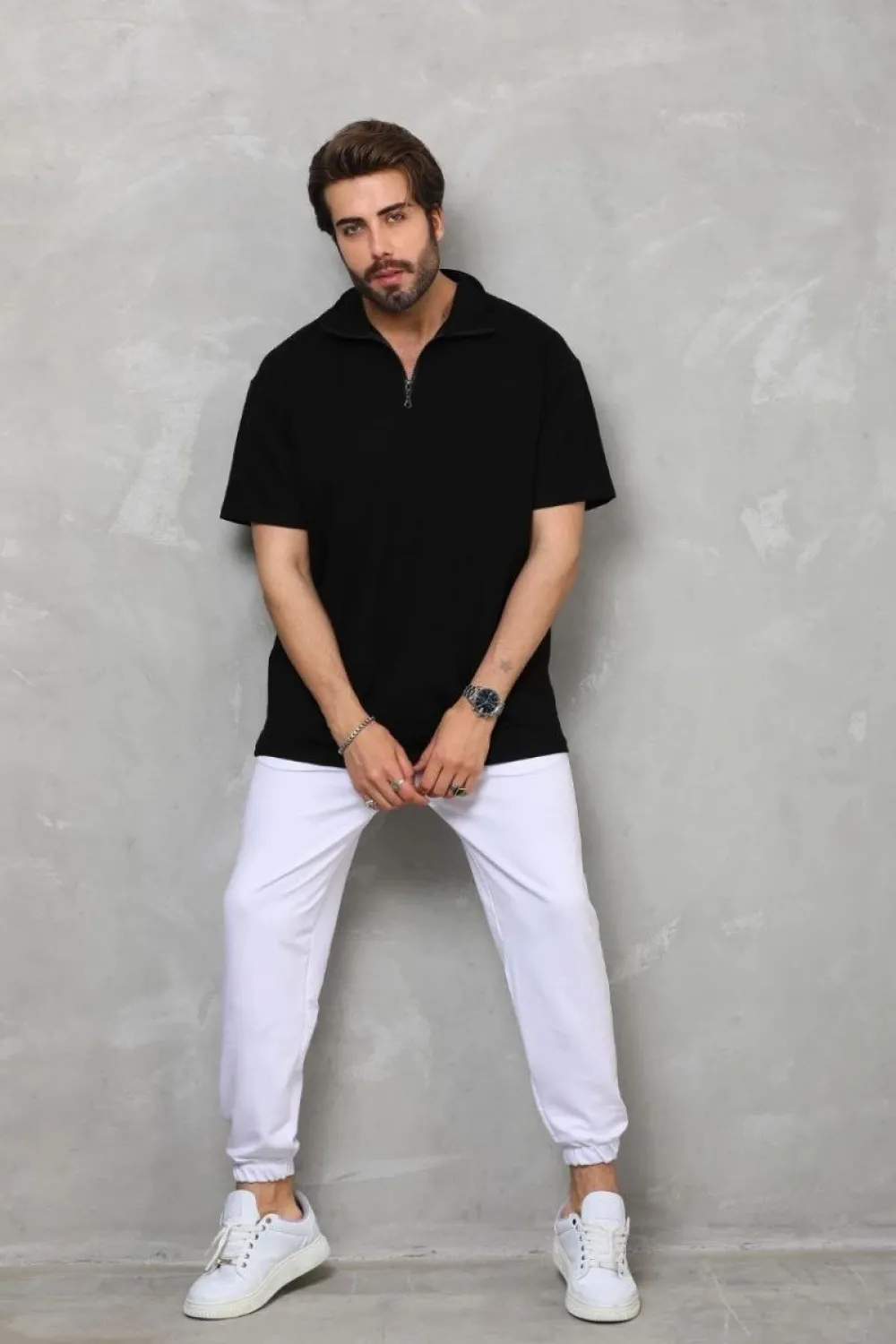 Erkek Yarım Fermuarlı Düz Oversize T-shirt - Siyah