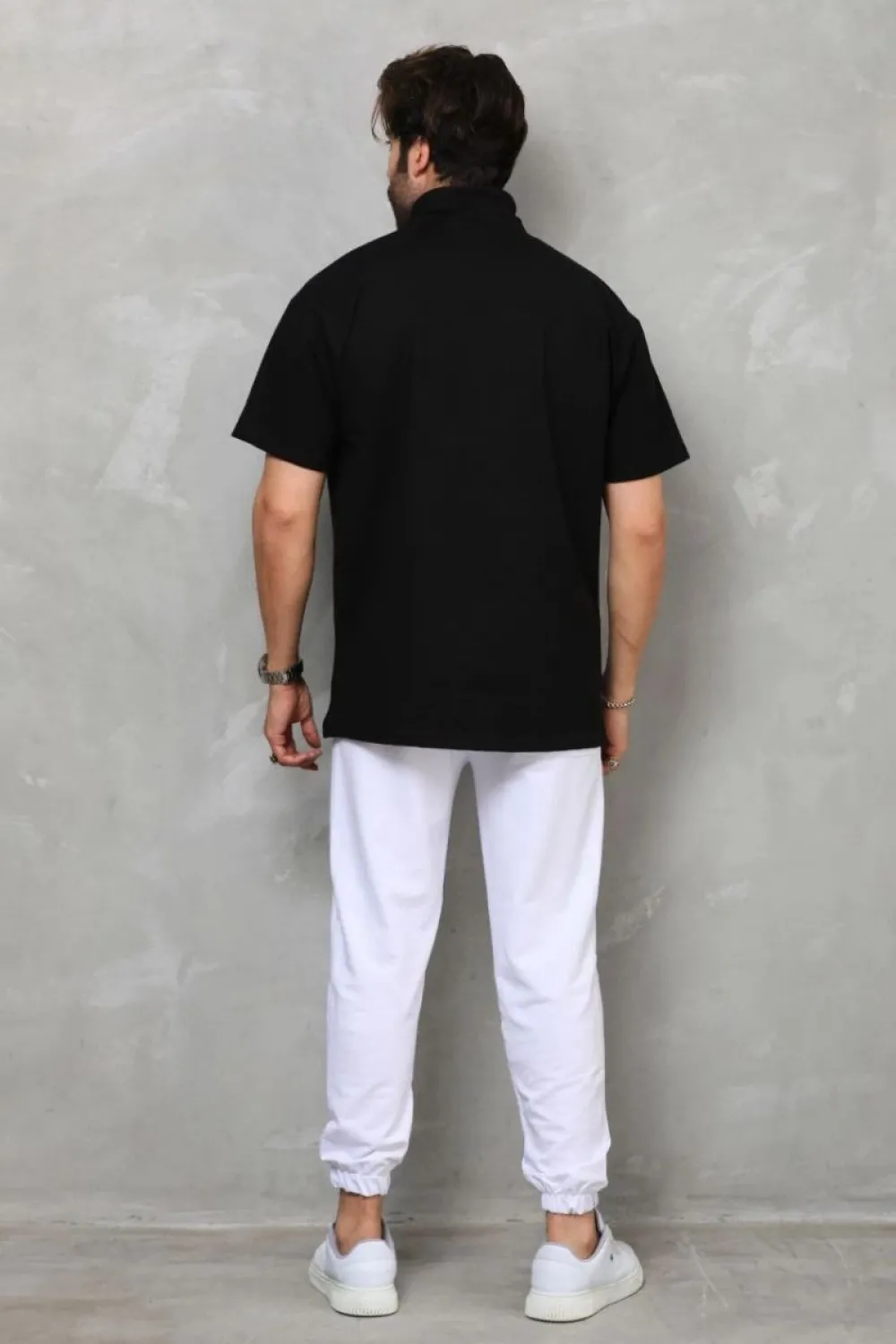 Erkek Yarım Fermuarlı Düz Oversize T-shirt - Siyah
