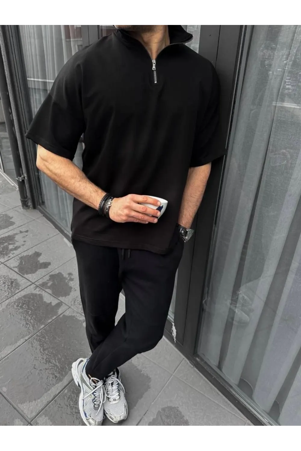 Erkek Yarım Fermuarlı Kısa kol T-Shirt - Siyah