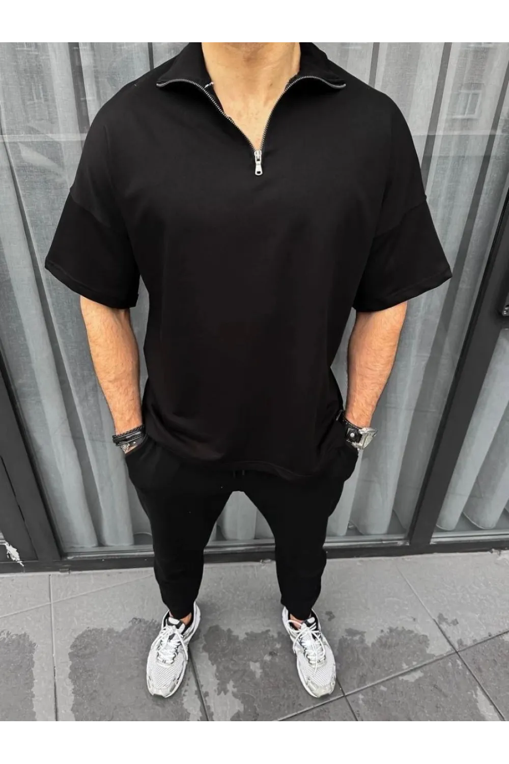 Erkek Yarım Fermuarlı Kısa kol T-Shirt - Siyah