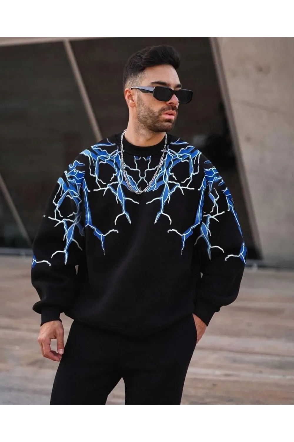 Erkek Yıldırım Baslılı Bisiklet Yaka 3 iplik pamuklu Sweatshirt - Siyah