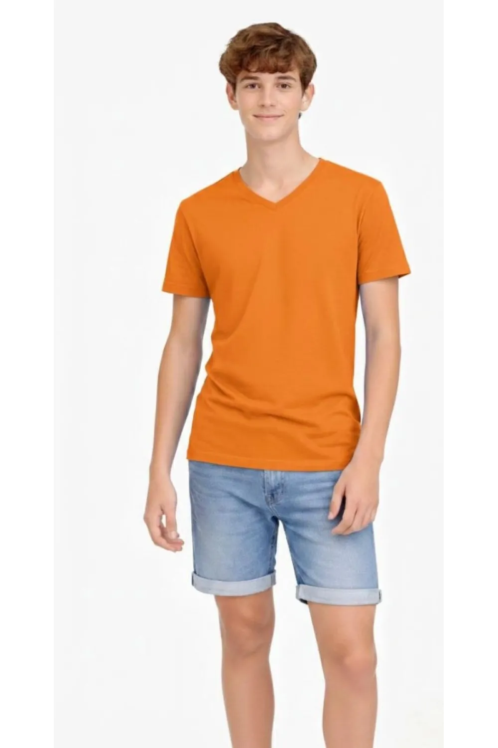 Genç Erkek Çocuk V Yaka Tişört Model - Turuncu