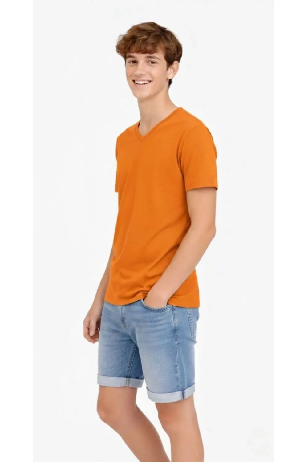 Genç Erkek Çocuk V Yaka Tişört Model - Turuncu