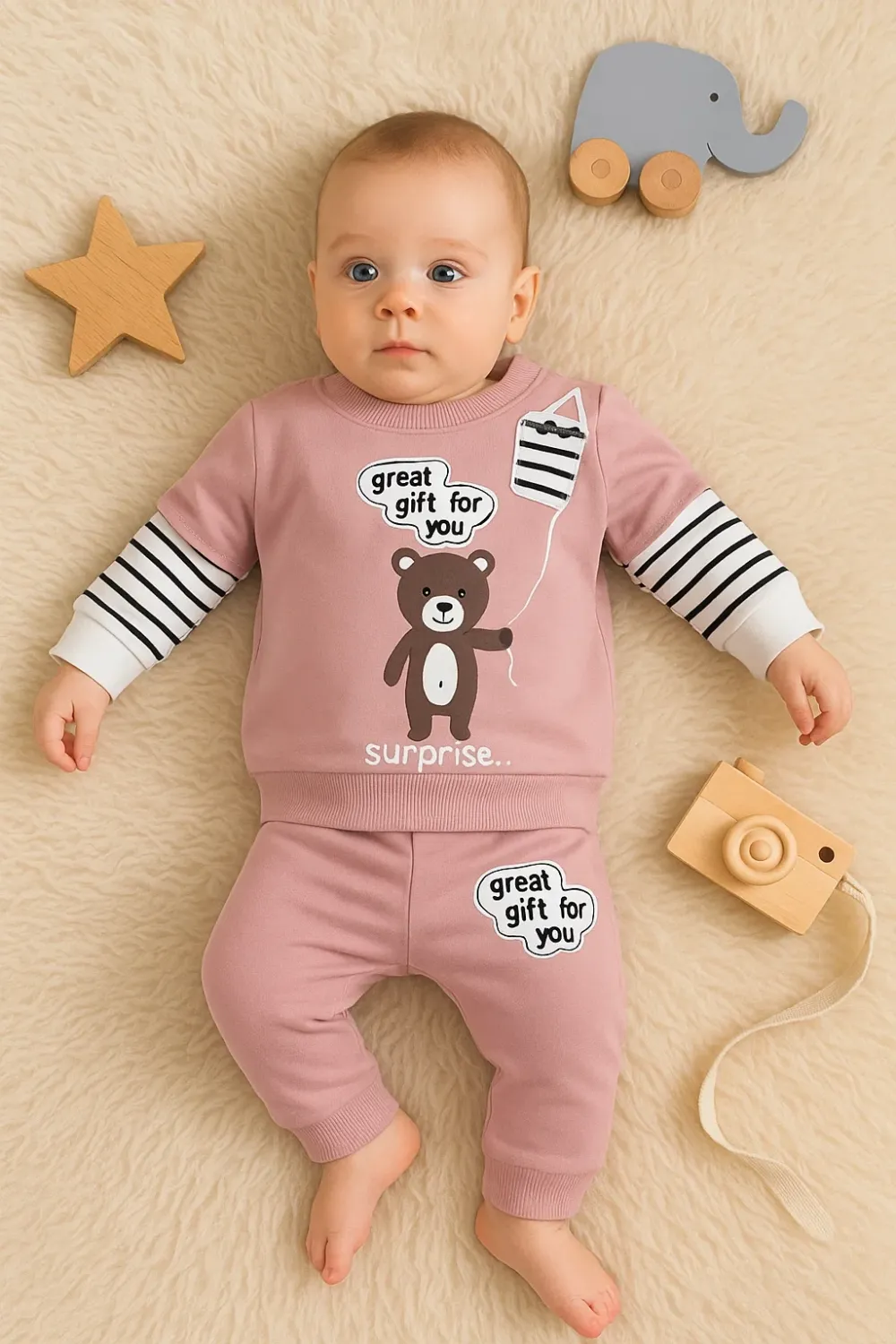 iegiyim™ Gift For You Desenli 2li % 100 Pamuk Kız Bebek Takımı