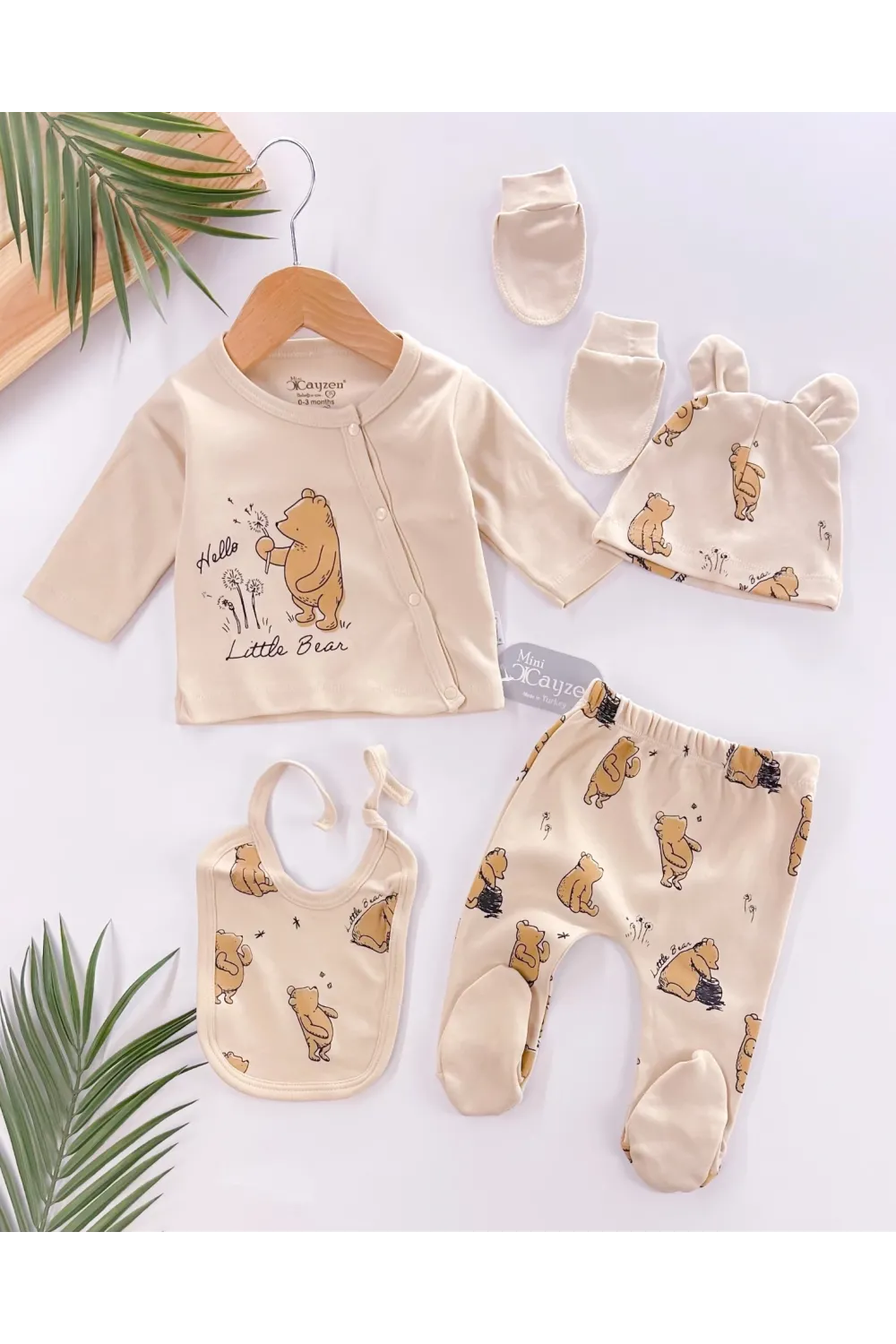 iegiyim™ Hello Little Bear Baskılı 5 Parça %100 Pamuk Erkek Bebek Hastane Çıkışı