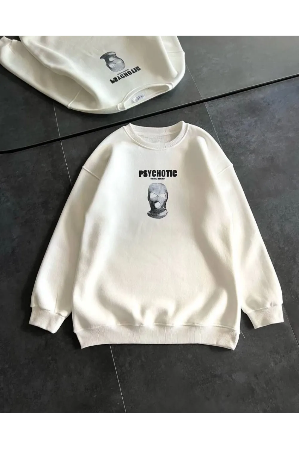 Kadın 3 iplik Kışlık Bisiklet Yaka Baskılı SweatShirt - Beyaz