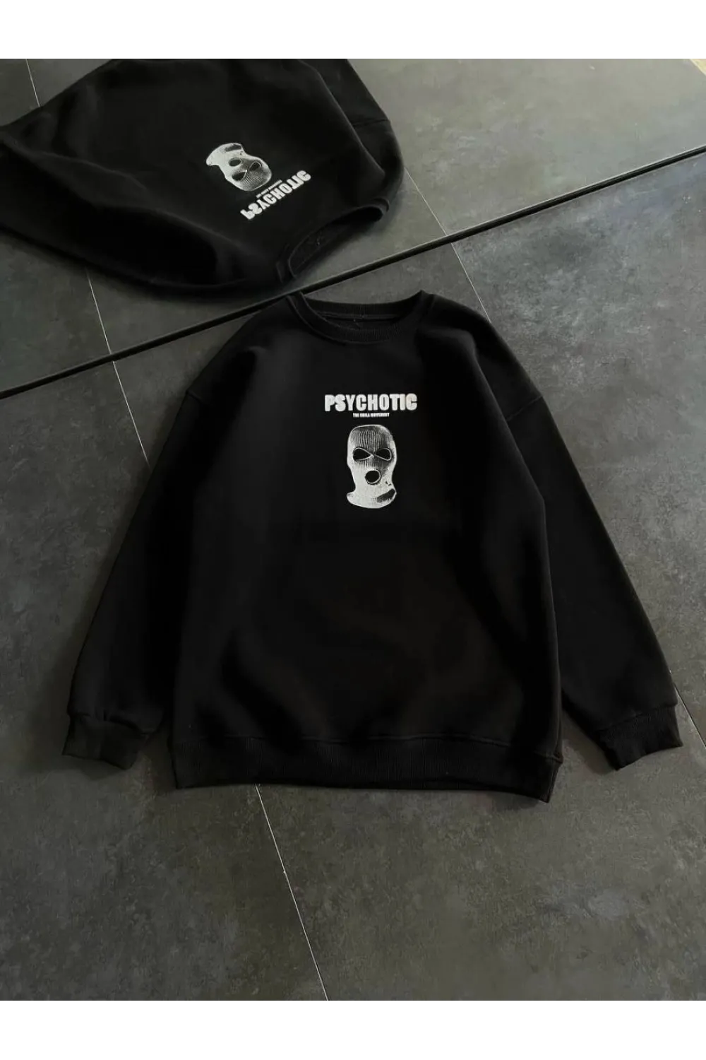 Kadın 3 iplik Kışlık Bisiklet Yaka Baskılı SweatShirt - Siyah