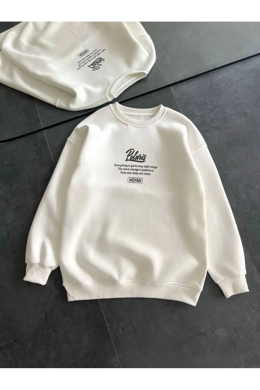 Kadın 3 iplik Pamuklu Bisiklet Yaka Baskılı SweatShirt - Beyaz