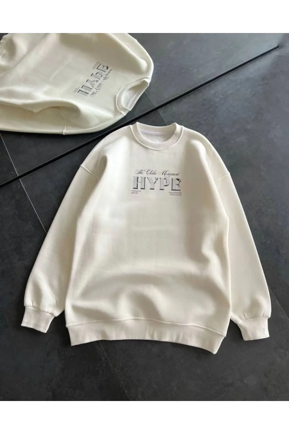 Kadın 3 İplik Pamuklu Bisiklet Yaka Baskılı SweatShirt - Beyaz