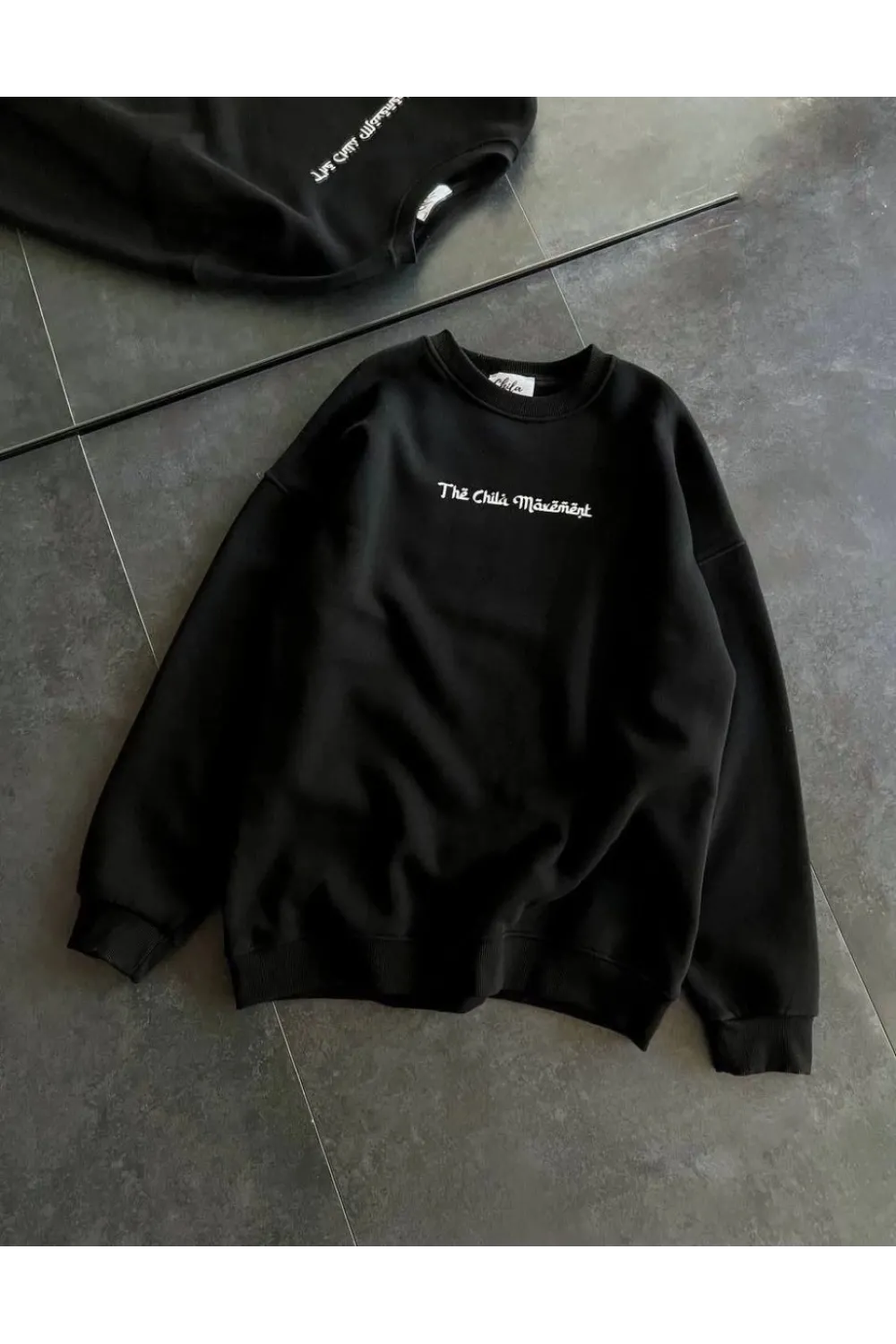 Kadın 3 İplik Pamuklu Bisiklet Yaka Baskılı SweatShirt - Siyah