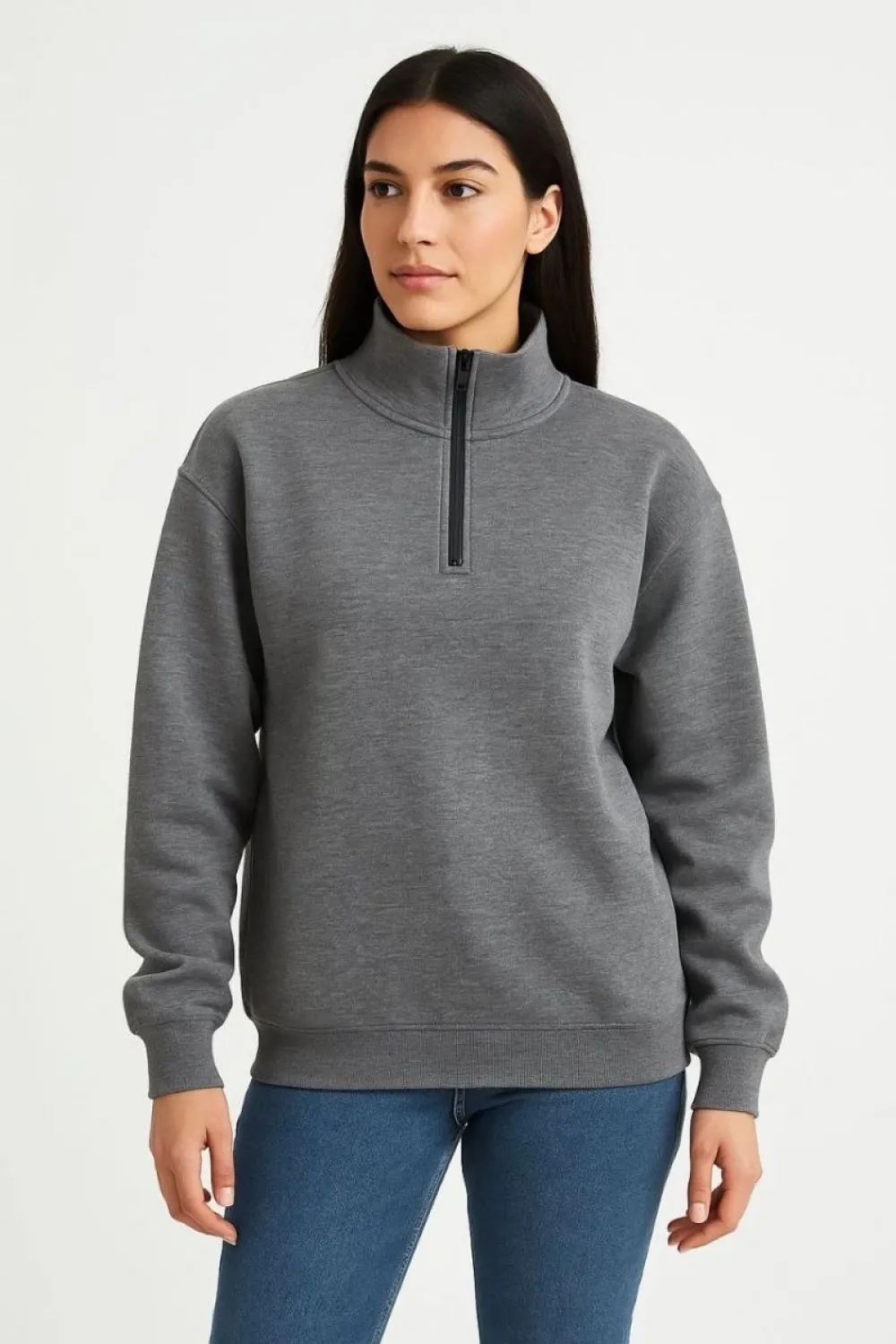 Kadın 3 İplik Pamuklu Dık Yaka Yarım Fermuarlı SweatShirt - Antrasit