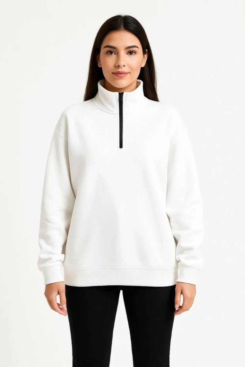 Kadın 3 İplik Pamuklu Dık Yaka Yarım Fermuarlı SweatShirt - Beyaz