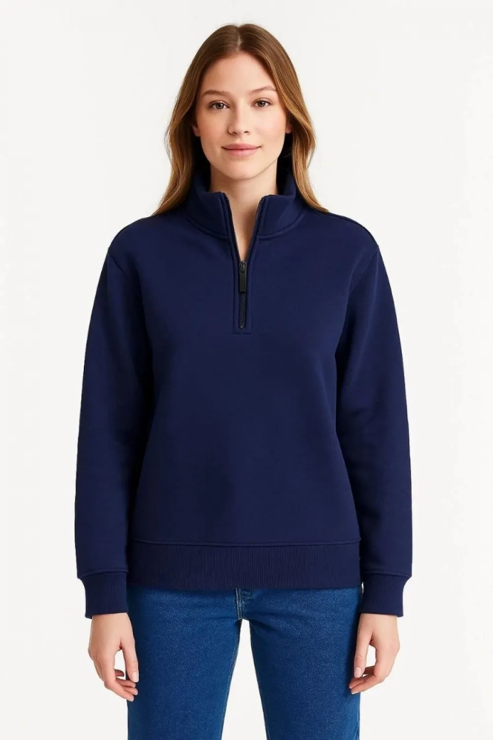 Kadın 3 İplik Pamuklu Dık Yaka Yarım Fermuarlı SweatShirt - Lacivert