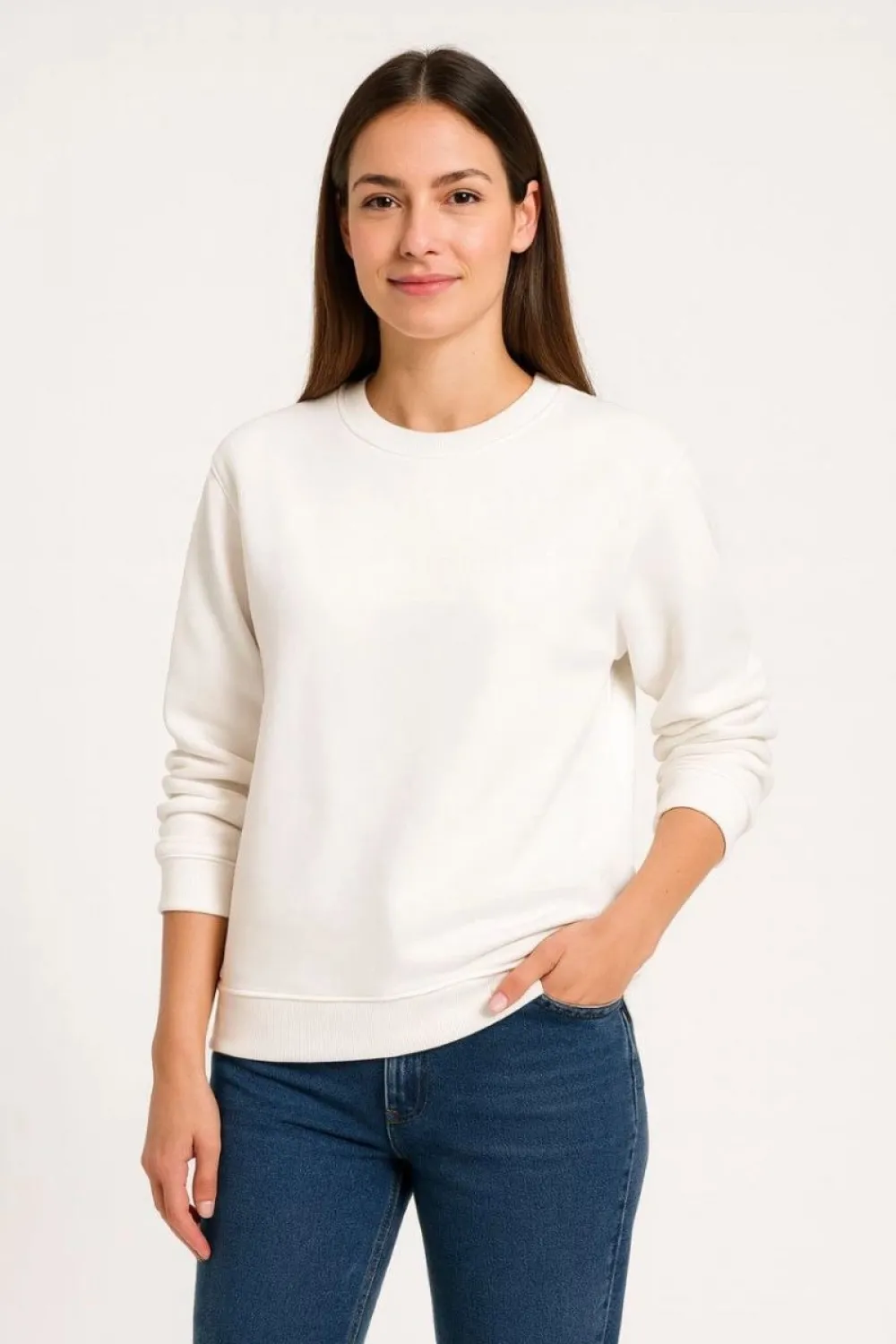 Kadın 3 İplik Pamuklu Düz Bisiklet Yaka SweatShirt - Beyaz