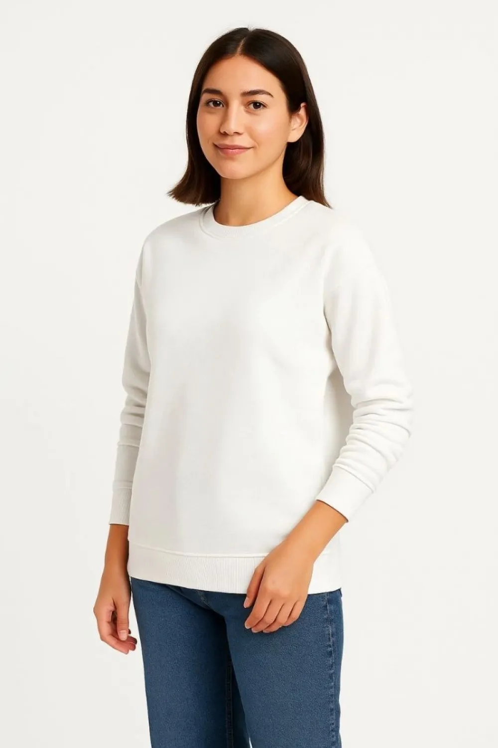 Kadın 3 İplik Pamuklu Düz Bisiklet Yaka SweatShirt - Beyaz