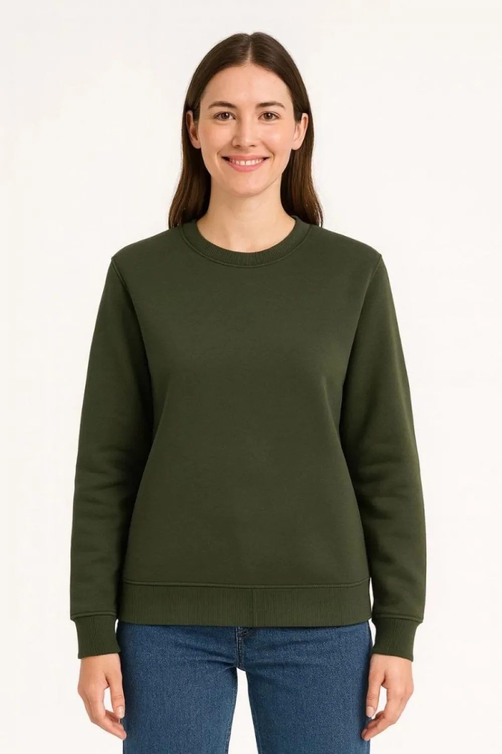 Kadın 3 İplik Pamuklu Düz Bisiklet Yaka SweatShirt - Haki