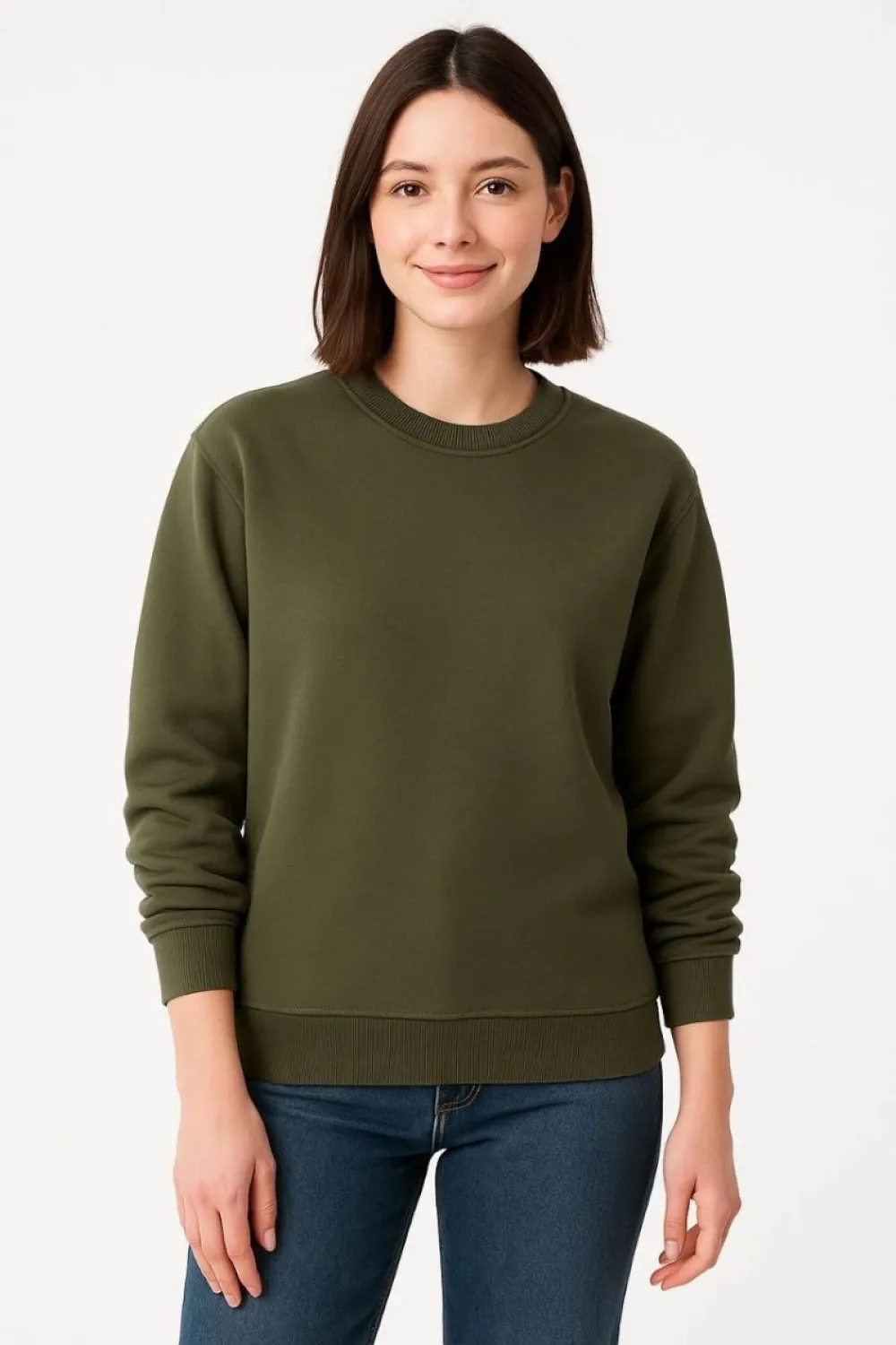 Kadın 3 İplik Pamuklu Düz Bisiklet Yaka SweatShirt - Haki