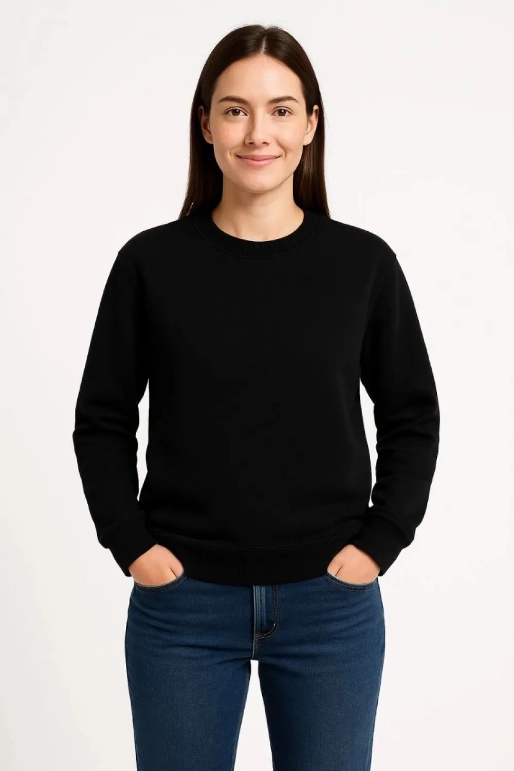 Kadın 3 İplik Pamuklu Düz Bisiklet Yaka SweatShirt - Siyah