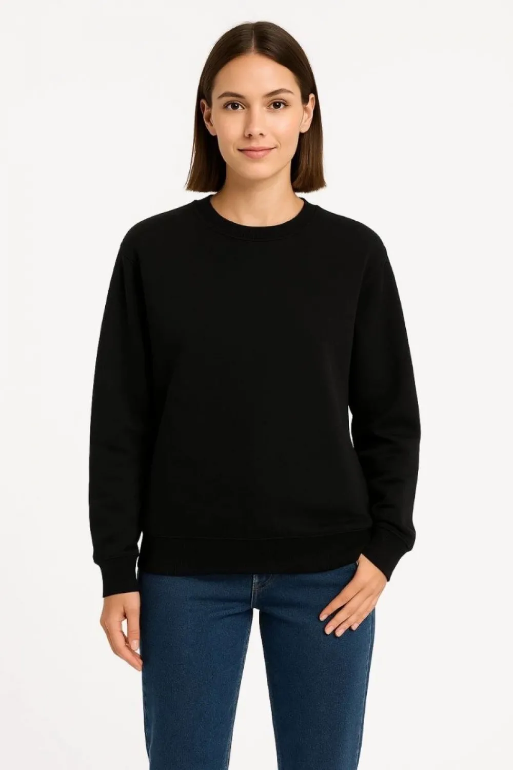 Kadın 3 İplik Pamuklu Düz Bisiklet Yaka SweatShirt - Siyah