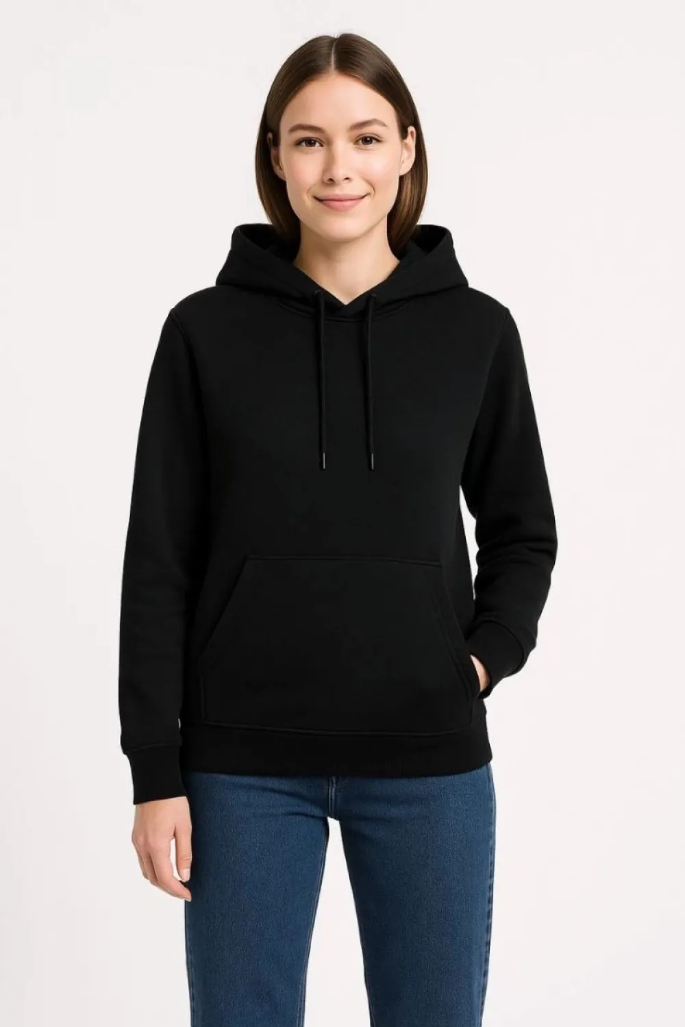 Kadın 3 İplik Pamuklu Kapüşonlu Kanguru Cepli Sweatshirt hoodie - Siyah