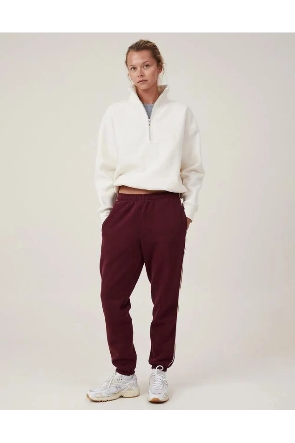 Kadın 3 İplik Pamuklu Oversize Yarım Fermuarlı Yakalı Basic Sweatshirt - Beyaz