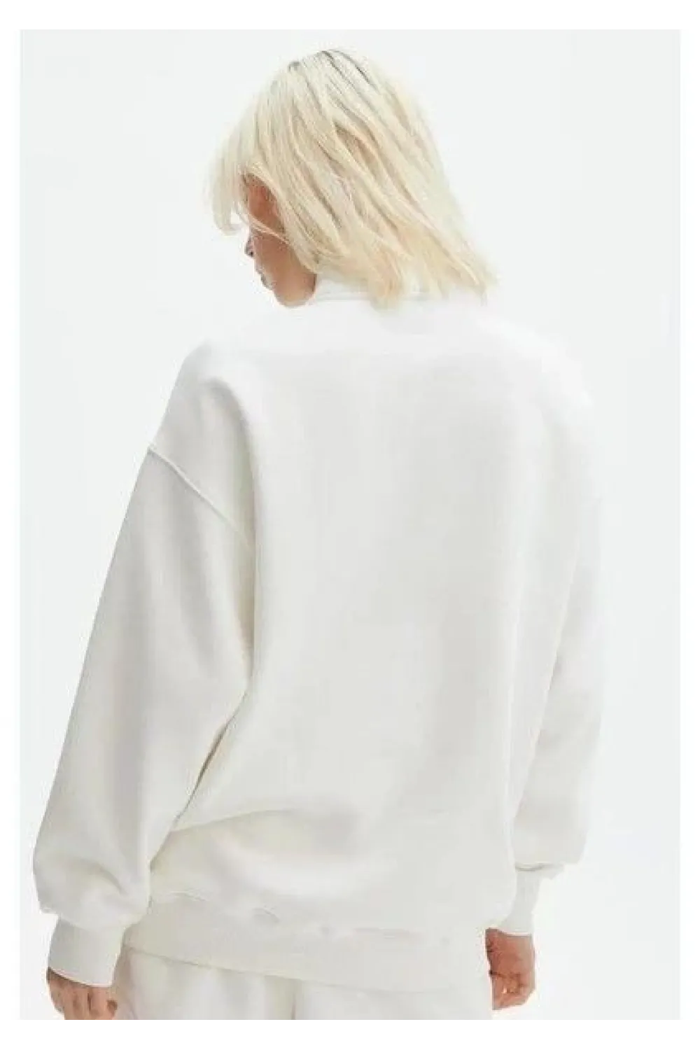 Kadın 3 İplik Pamuklu Oversize Yarım Fermuarlı Yakalı Basic Sweatshirt - Beyaz