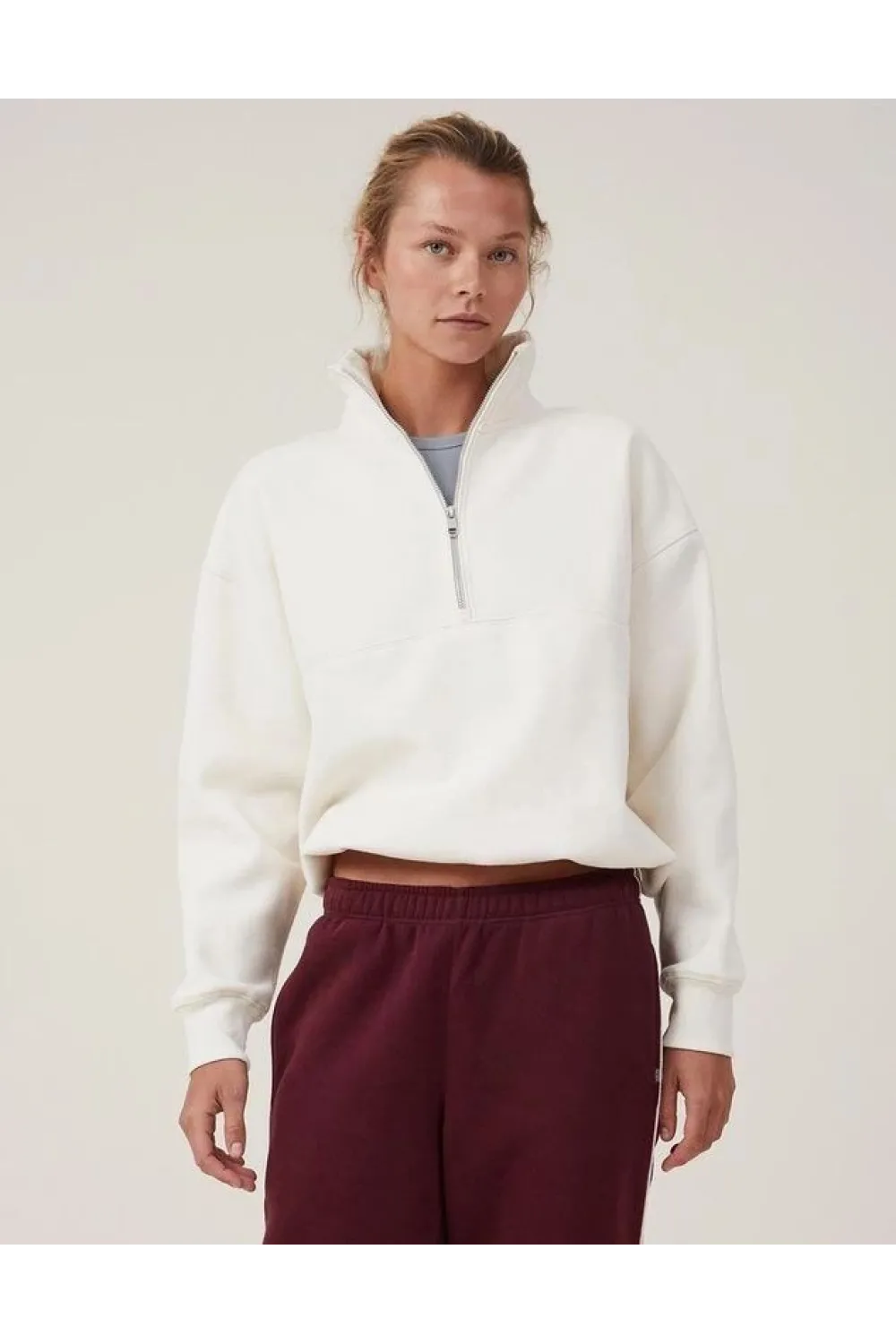 Kadın 3 İplik Pamuklu Oversize Yarım Fermuarlı Yakalı Basic Sweatshirt - Beyaz