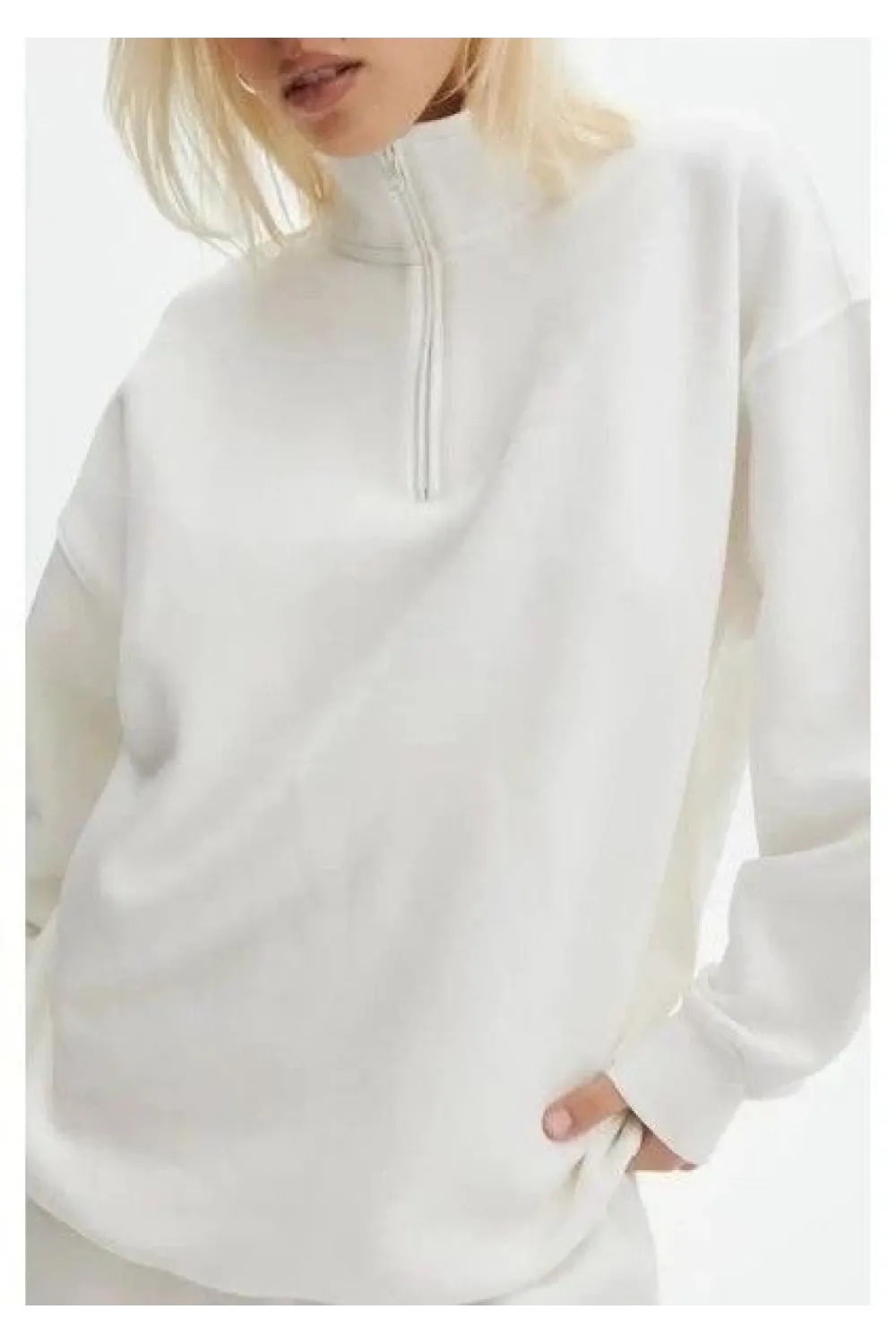 Kadın 3 İplik Pamuklu Oversize Yarım Fermuarlı Yakalı Basic Sweatshirt - Beyaz