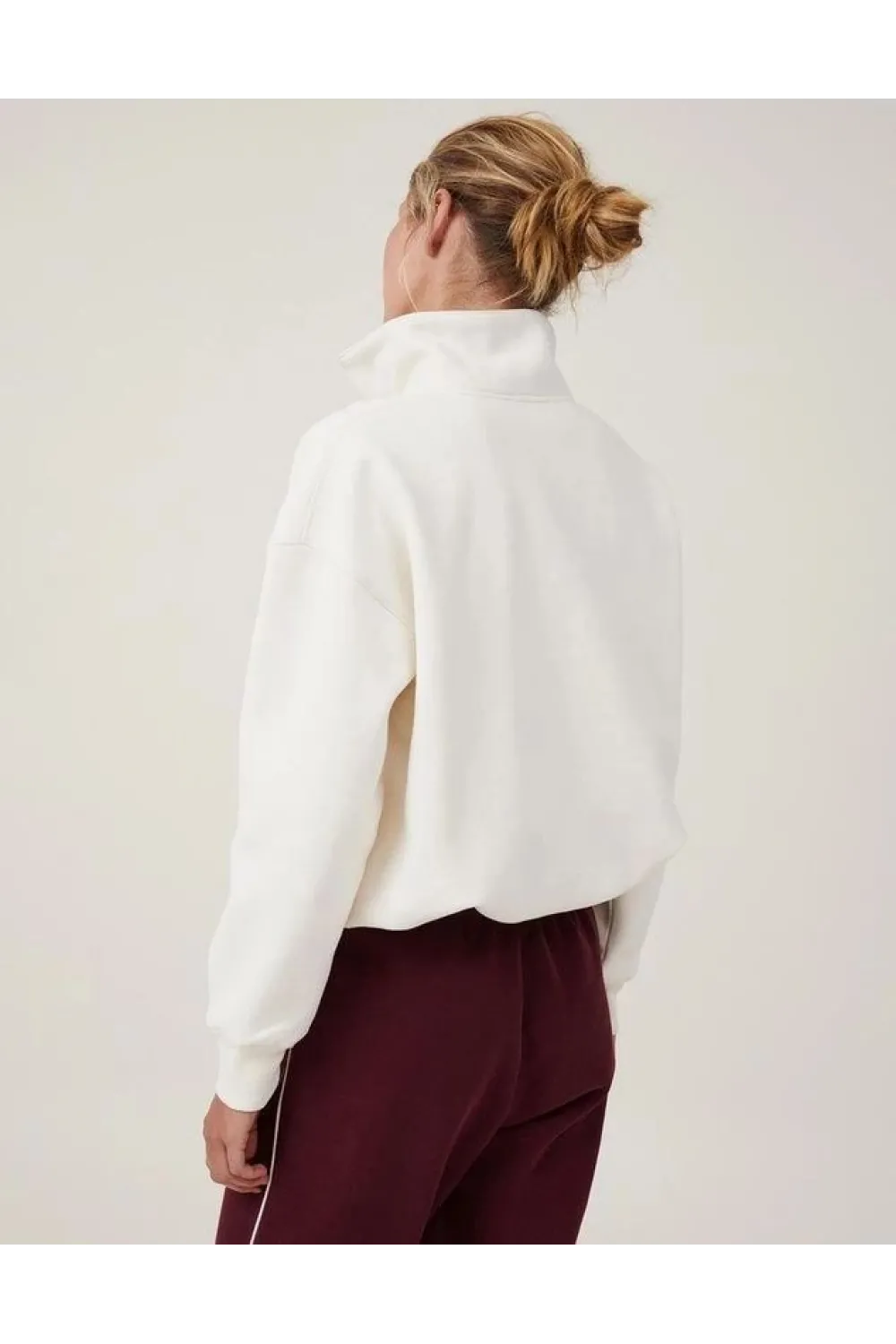 Kadın 3 İplik Pamuklu Oversize Yarım Fermuarlı Yakalı Basic Sweatshirt - Beyaz