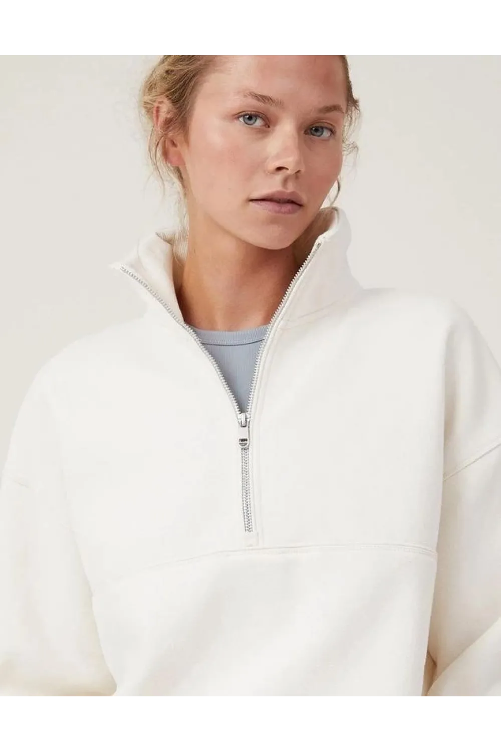 Kadın 3 İplik Pamuklu Oversize Yarım Fermuarlı Yakalı Basic Sweatshirt - Beyaz