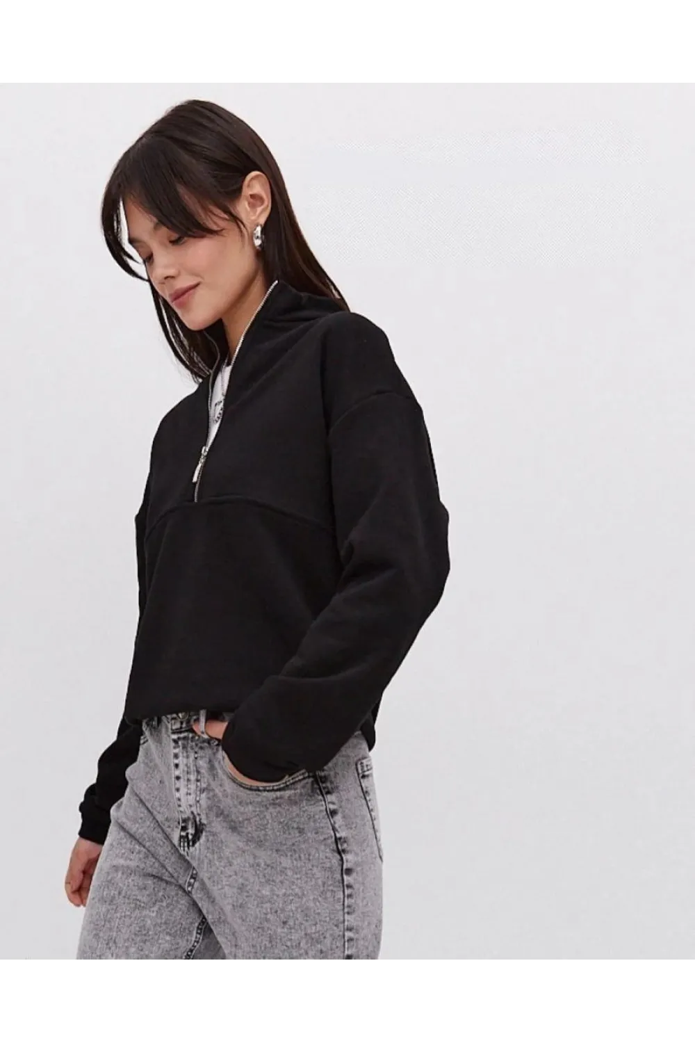 Kadın 3 İplik Pamuklu Oversize Yarım Fermuarlı Yakalı Basic Sweatshirt - Siyah