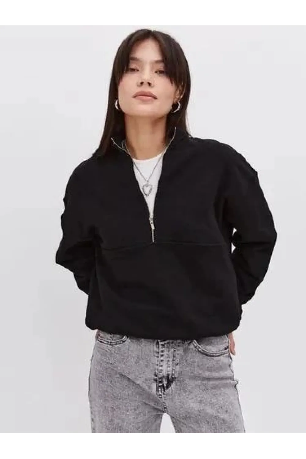 Kadın 3 İplik Pamuklu Oversize Yarım Fermuarlı Yakalı Basic Sweatshirt - Siyah