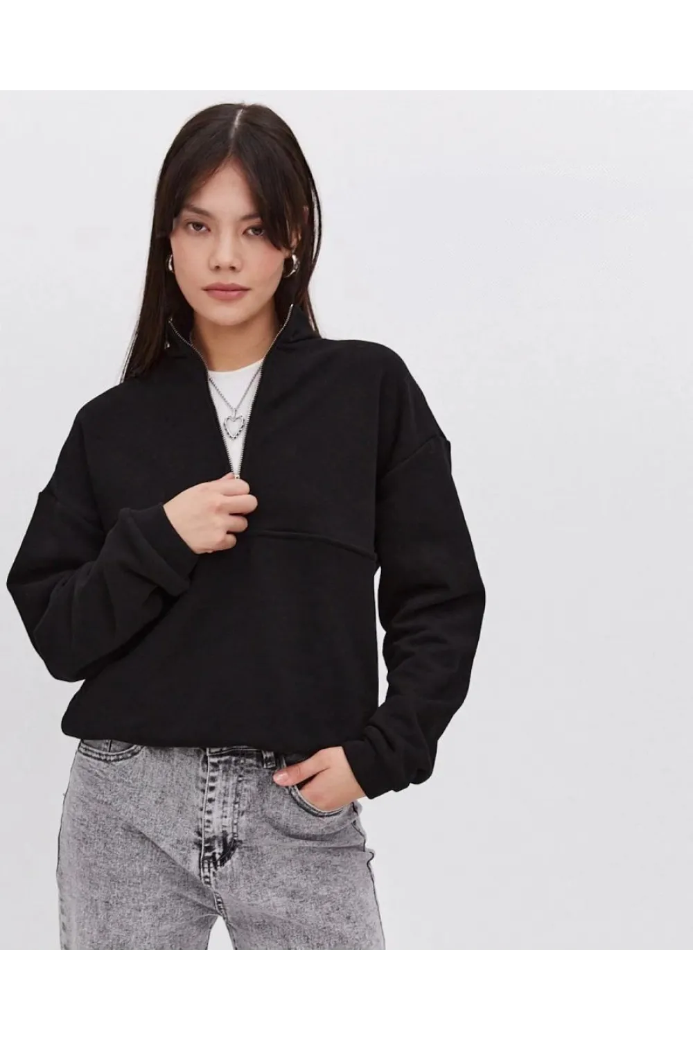 Kadın 3 İplik Pamuklu Oversize Yarım Fermuarlı Yakalı Basic Sweatshirt - Siyah