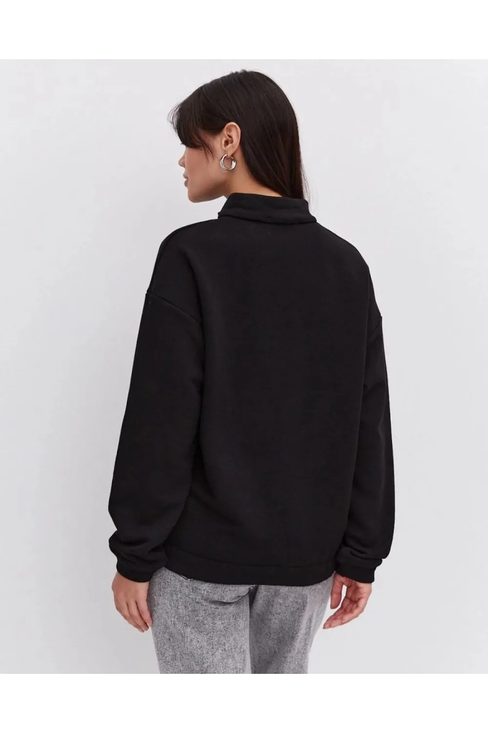 Kadın 3 İplik Pamuklu Oversize Yarım Fermuarlı Yakalı Basic Sweatshirt - Siyah