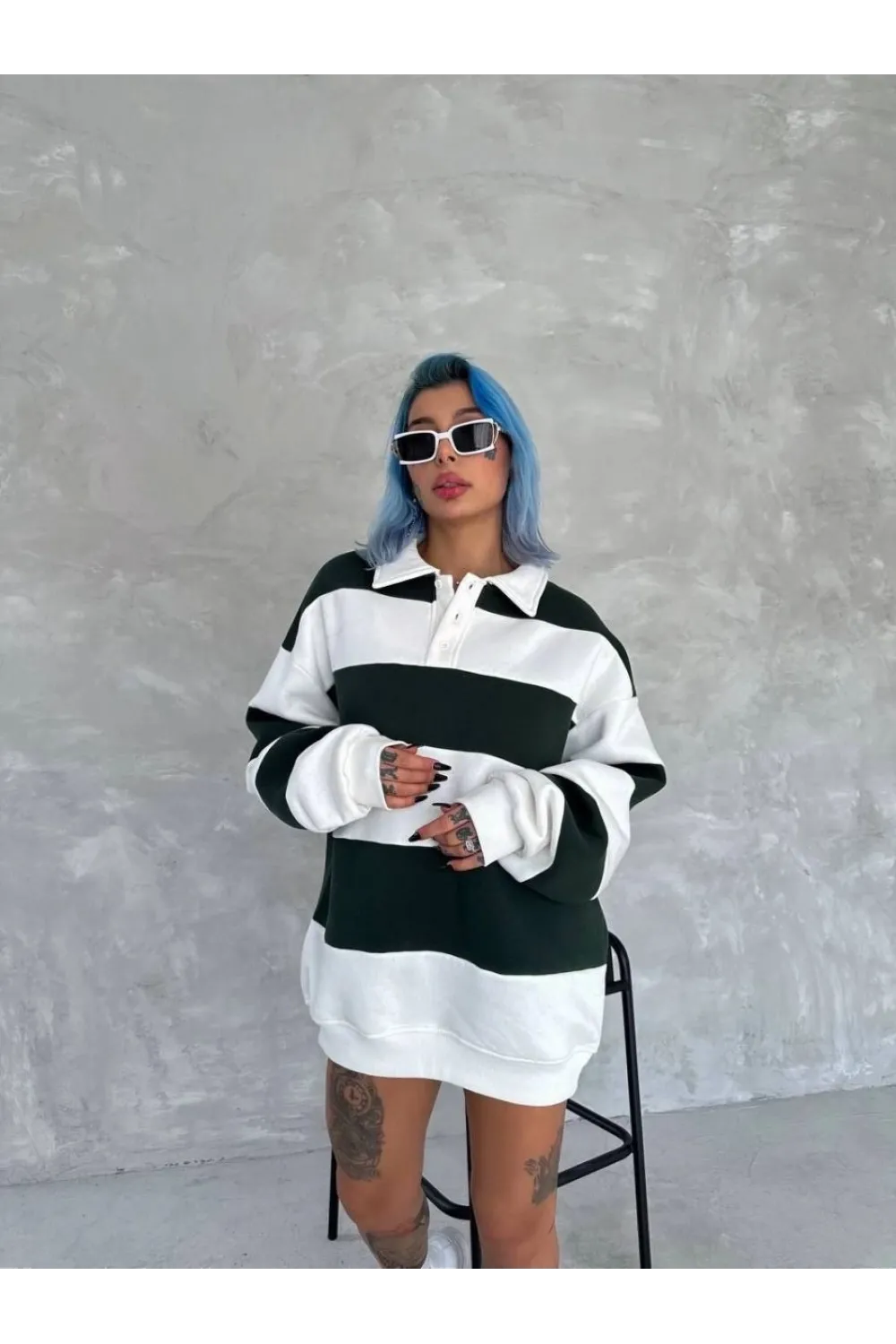 Kadın 3 iplik Pamuklu Parçalı Yakalı SweatShirt - Yeşil