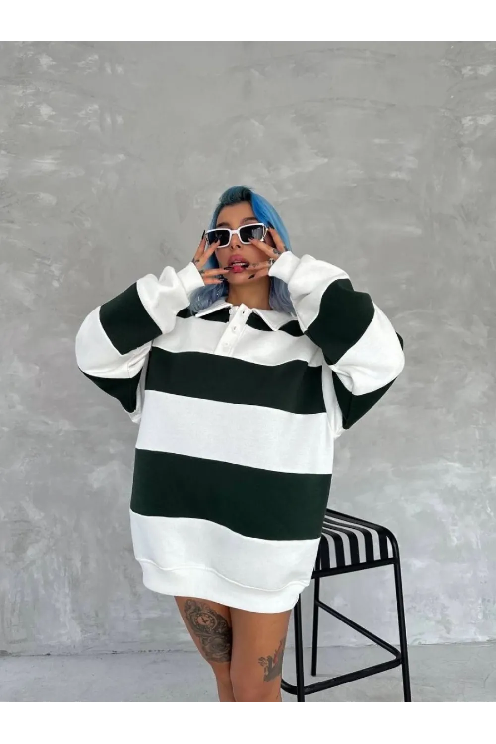 Kadın 3 iplik Pamuklu Parçalı Yakalı SweatShirt - Yeşil