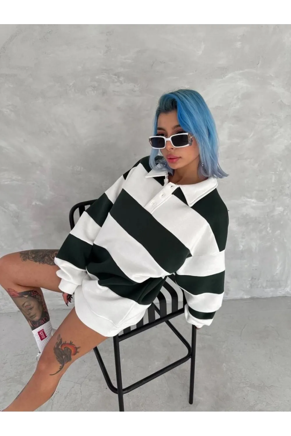 Kadın 3 iplik Pamuklu Parçalı Yakalı SweatShirt - Yeşil