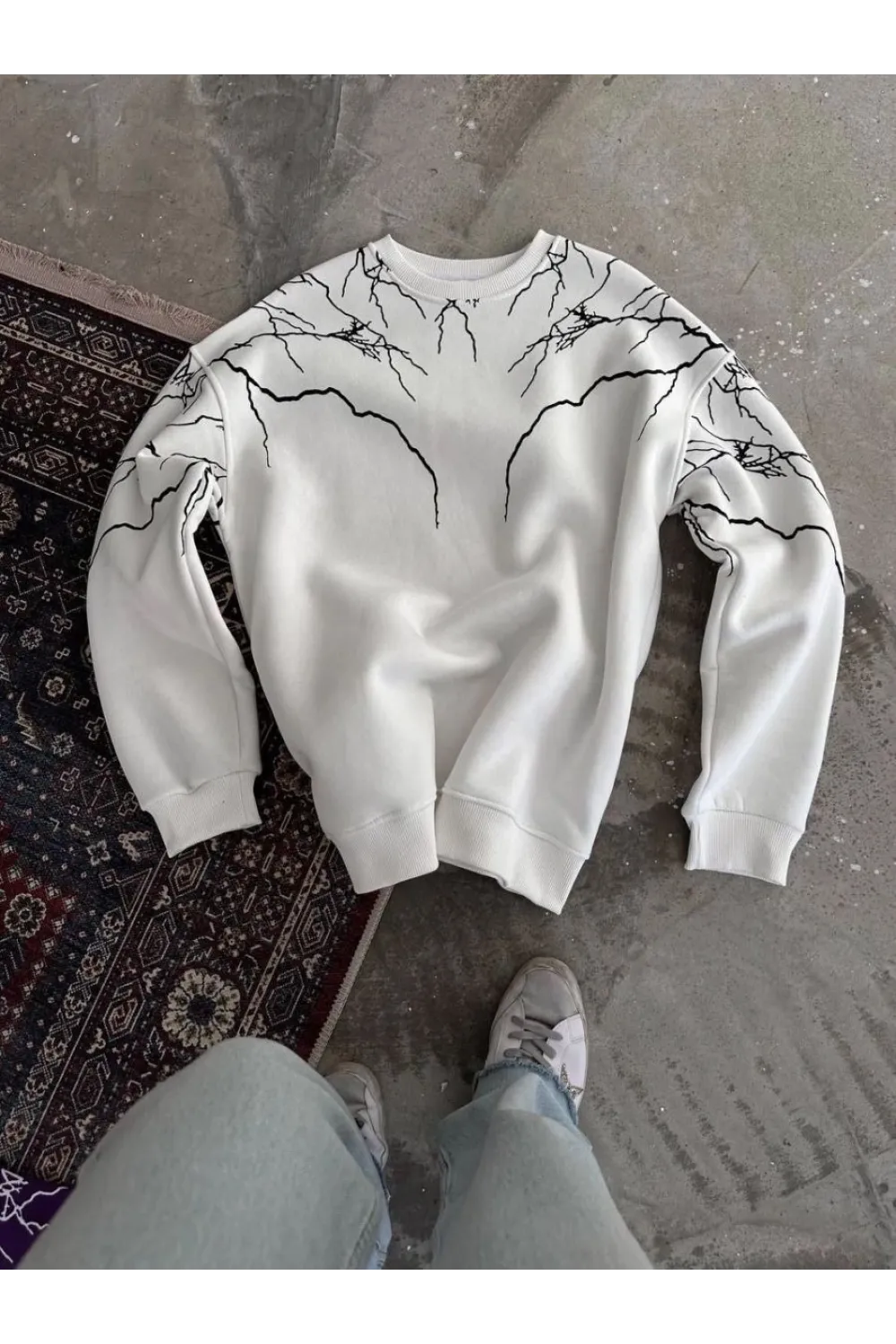 Kadın 3 iplik pamuklu Yıldırım Baskılı Bisiklet Yaka SweatShirt - Beyaz