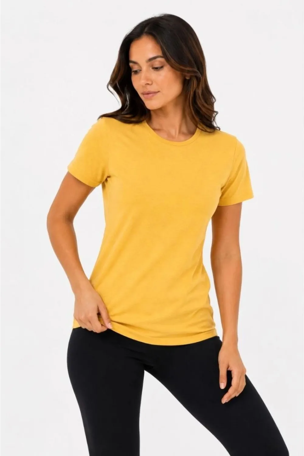 Kadın Basic Tişört Bisiklet Yaka Kısa Kol Günlük Yazlık Slim fit T-Shirt - Sarı