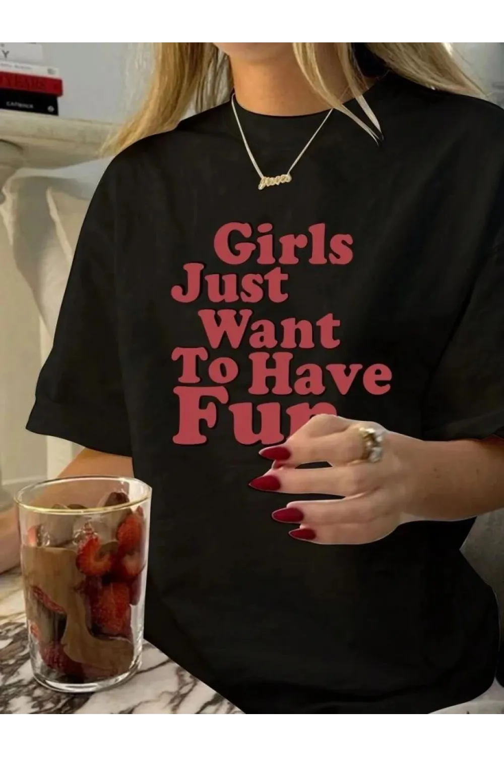 Kadın Baskılı Oversize Kısa kol T-shirt - Siyah