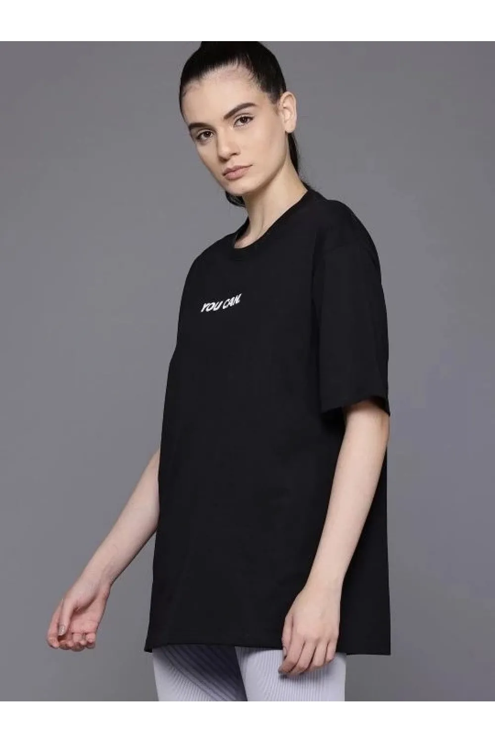 Kadın Baskılı T-Shirt Kısa Kol Bisiklet Yaka Oversize Rahat Kalıp Tişört - Siyah